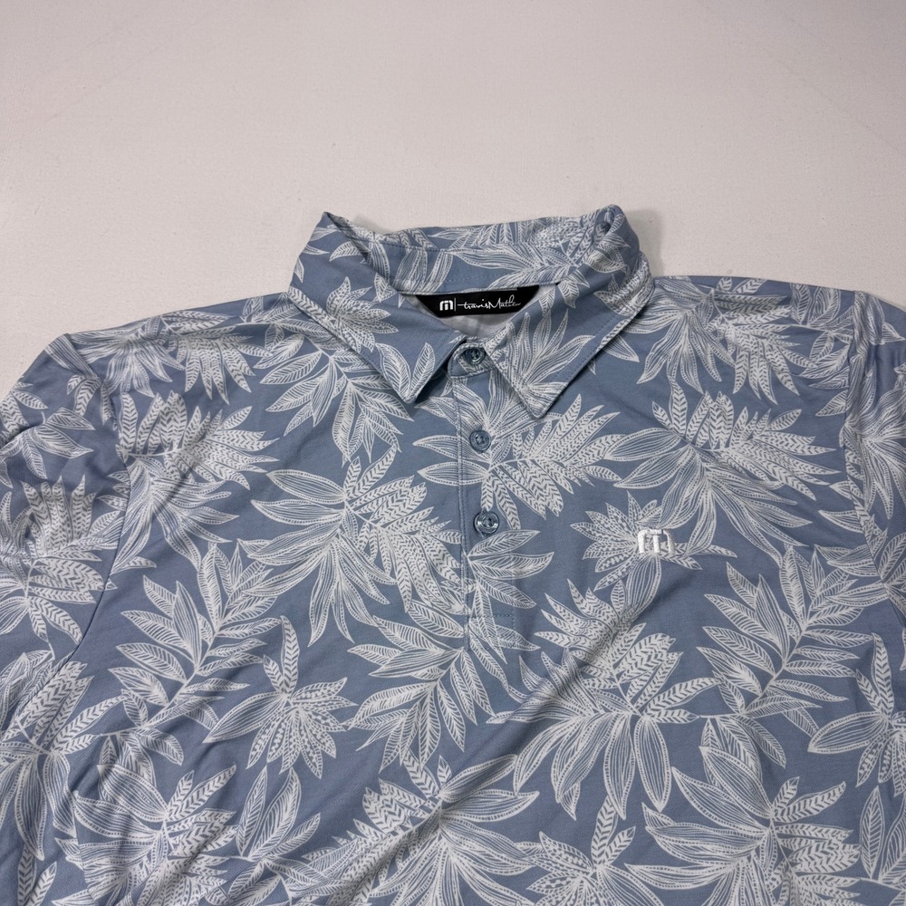 Travis Mathew Mens Large Blue Floral Leaf Print Golf Polo Shirt Performance